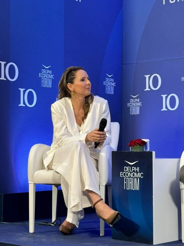 Loukia Papa speaking on a panel at the Delphi Economic Forum