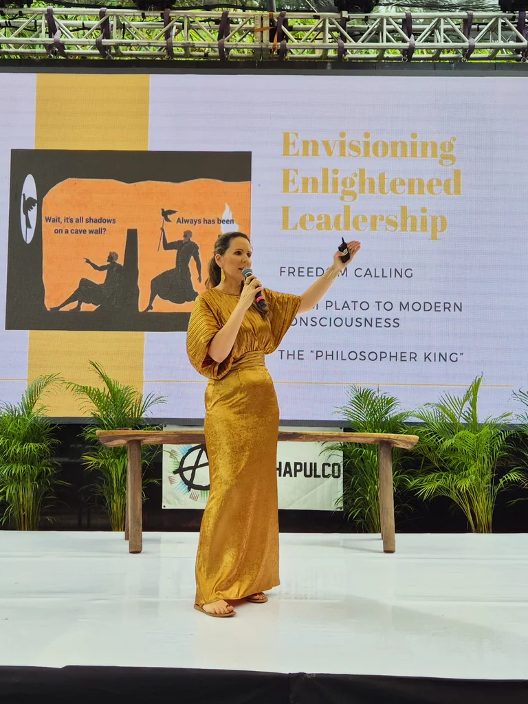 Loukia Papa giving a keynote on enlightened leadership
