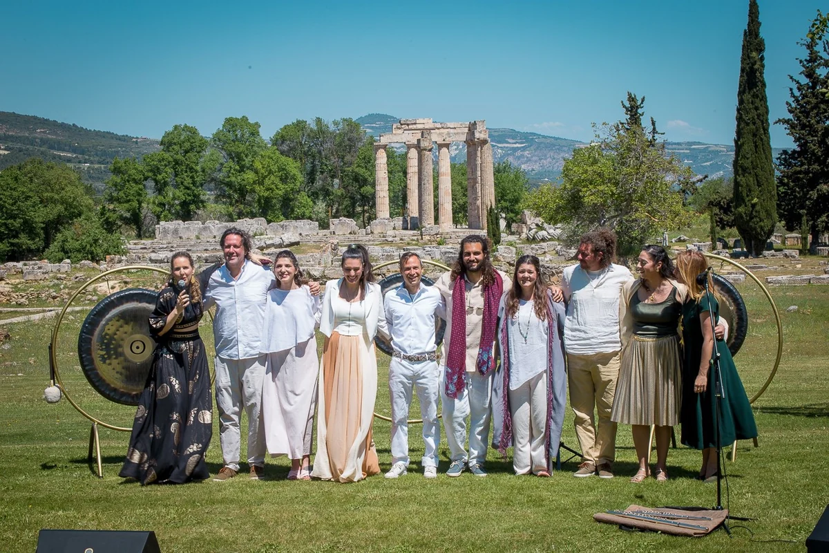 Loukia Papa with the PanArmonia ensemble before the Temple of Zeus at Ancient Nemea