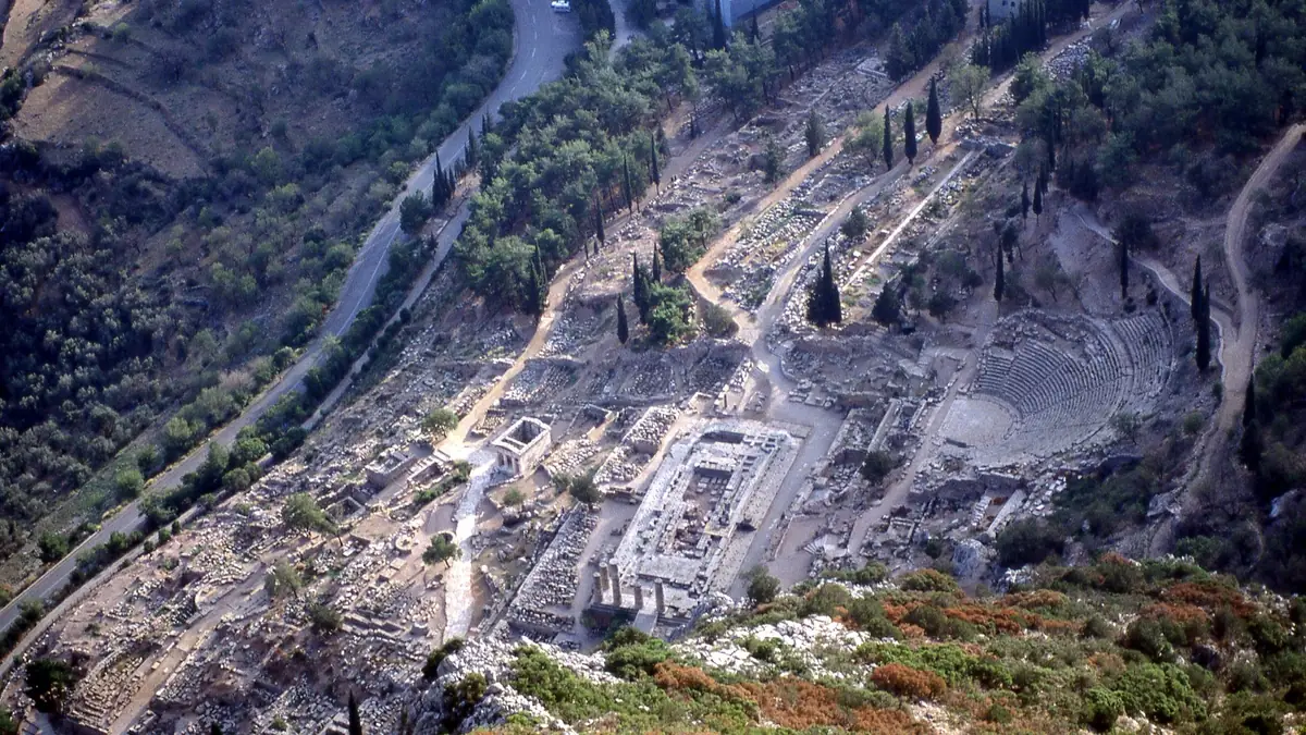 The whole Sanctuary of Apollo at Delphi, seen from the cliffs above